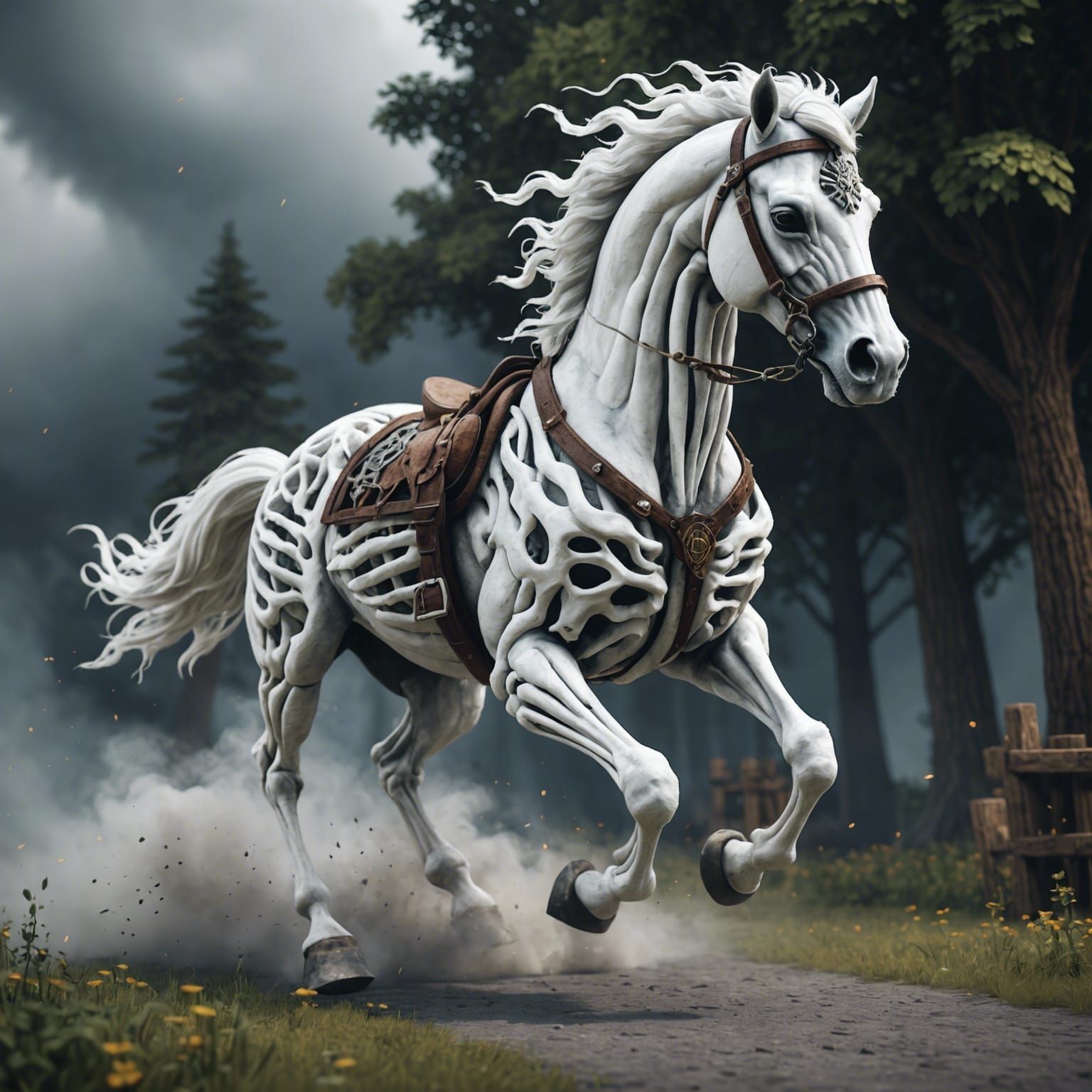 Minecraft Skeleton Horse in White Smoke: 8K Art
