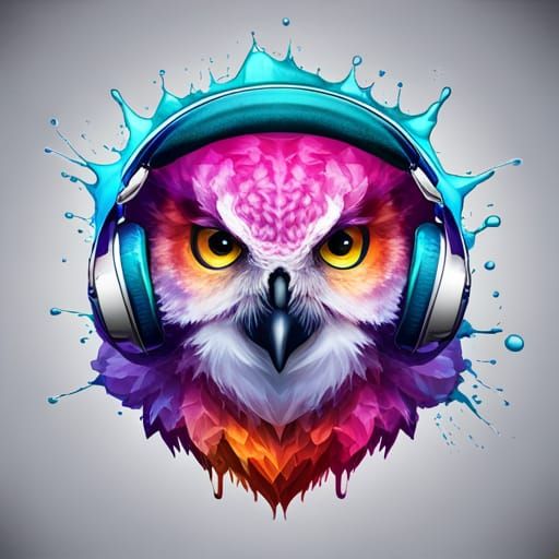 Owl with headset on a splash, the image is vectorized and has white background,  by @Sapphire
