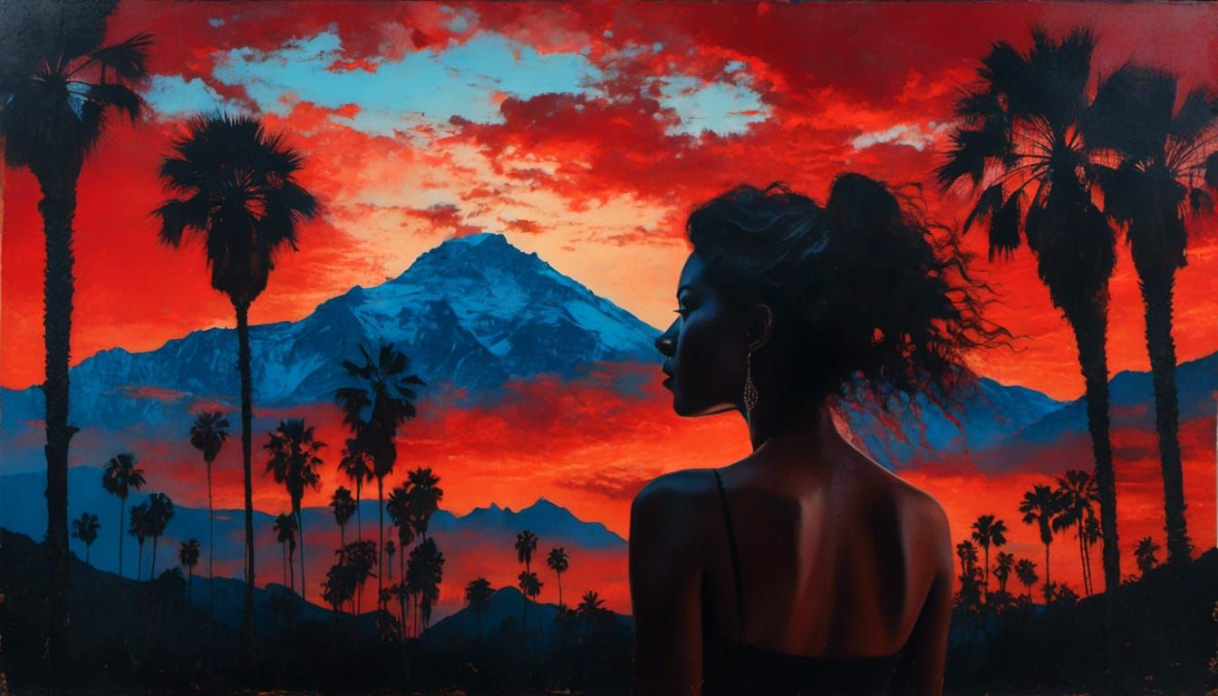 Mountain with palm trees and whispy clouds red sunset in the...