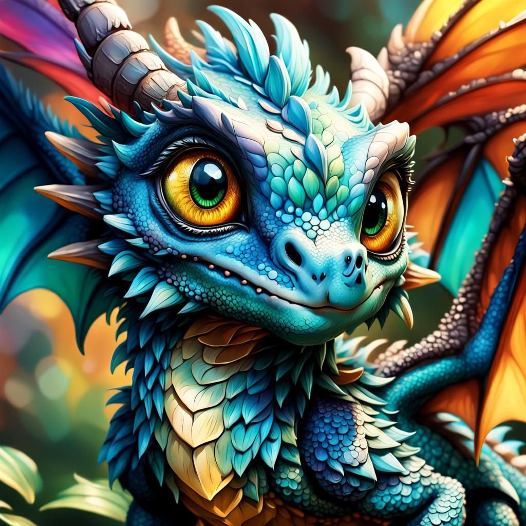Beautifully Detailed Adorable Dragon with big, round eyes an...