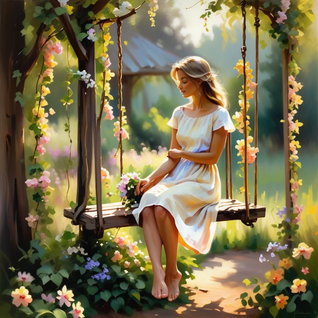 Flowering vines around a rustic wooden swing