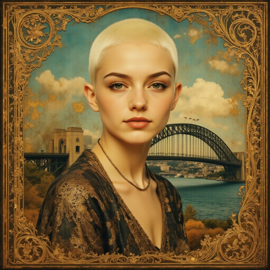 SMILING WOMAN, SHAVED BALD HEAD, FAMOUS BRIDGE, stylized portraiture, ornate gilded filigree frame, aged photo in the style of Auratum <lora...