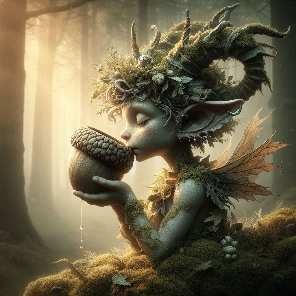 He drinks from the empty acorn cup the dew that dawn sweetly...