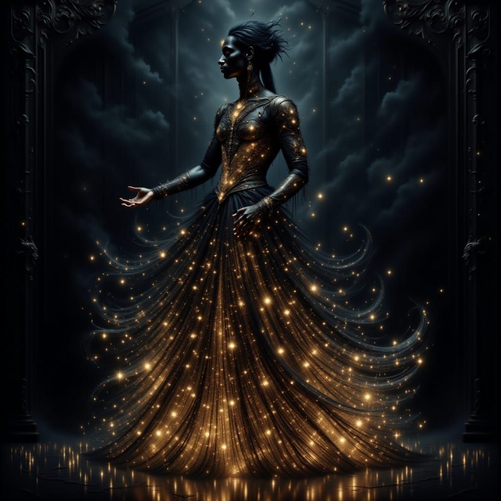 <lora:Darkspark Intensity:1.0> Glowing dynamic dancing black spirit man in a dark room in a Victorian dress, glowing ghost man in a dark bla...