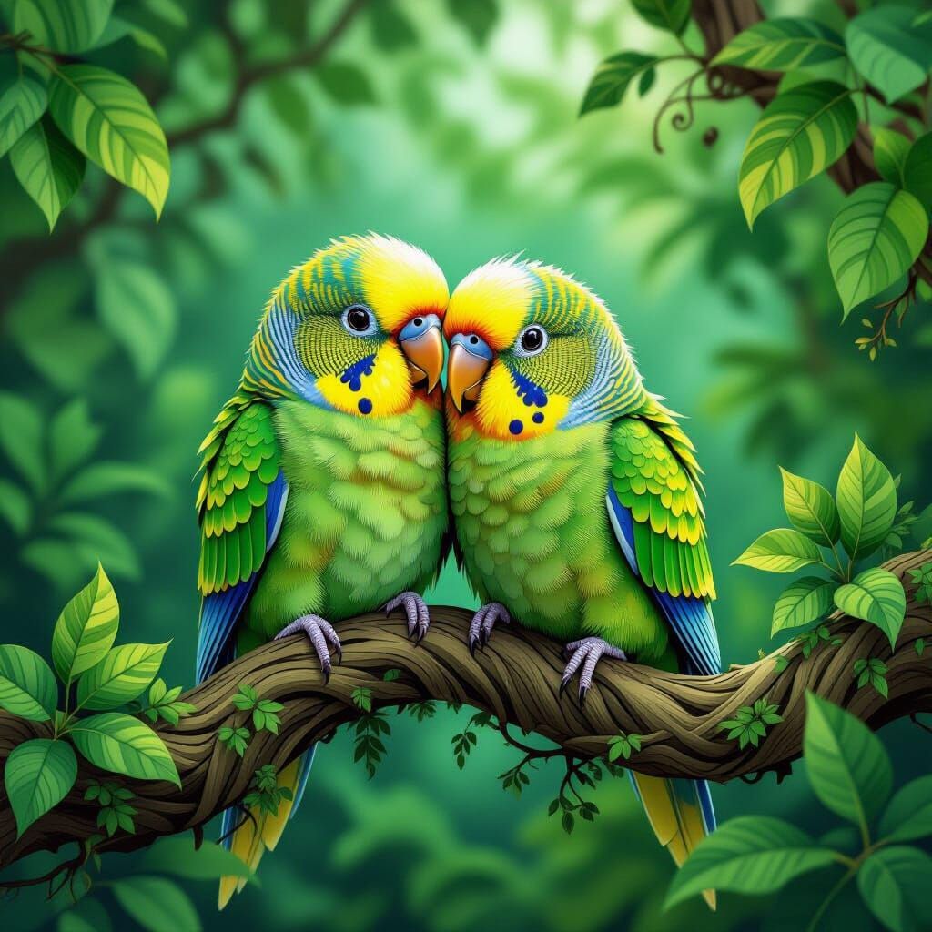 Two parakeets snuggling together on a branch in the jungle.  