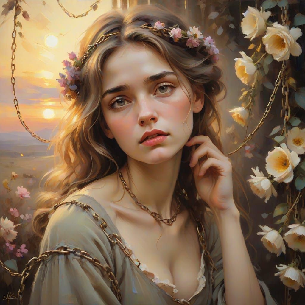 Young Woman Amidst Fading Blooms in Golden Sunset Light