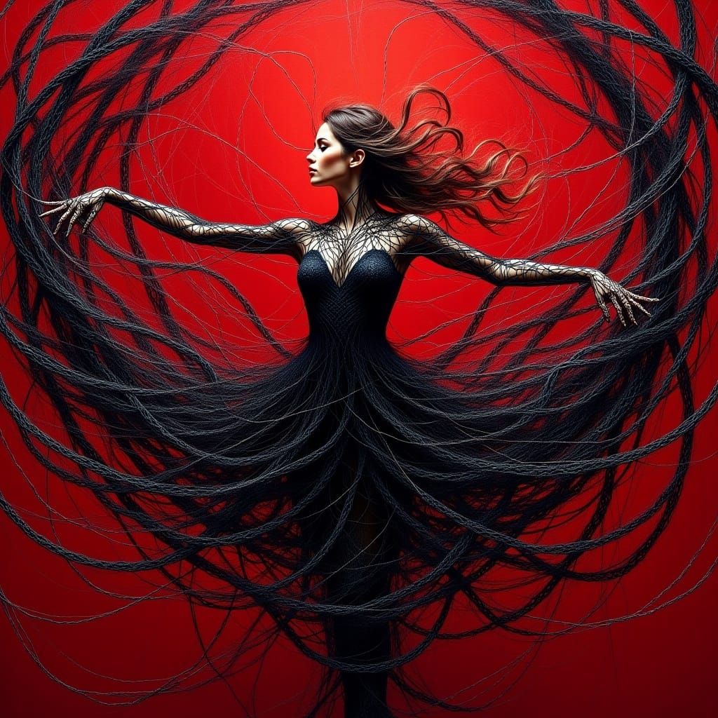 <lora:tangled style Fx:1.0> Full body shot of ballerina dancing in the spiderweb dress made all of black spiderweb with black wings dramatic...