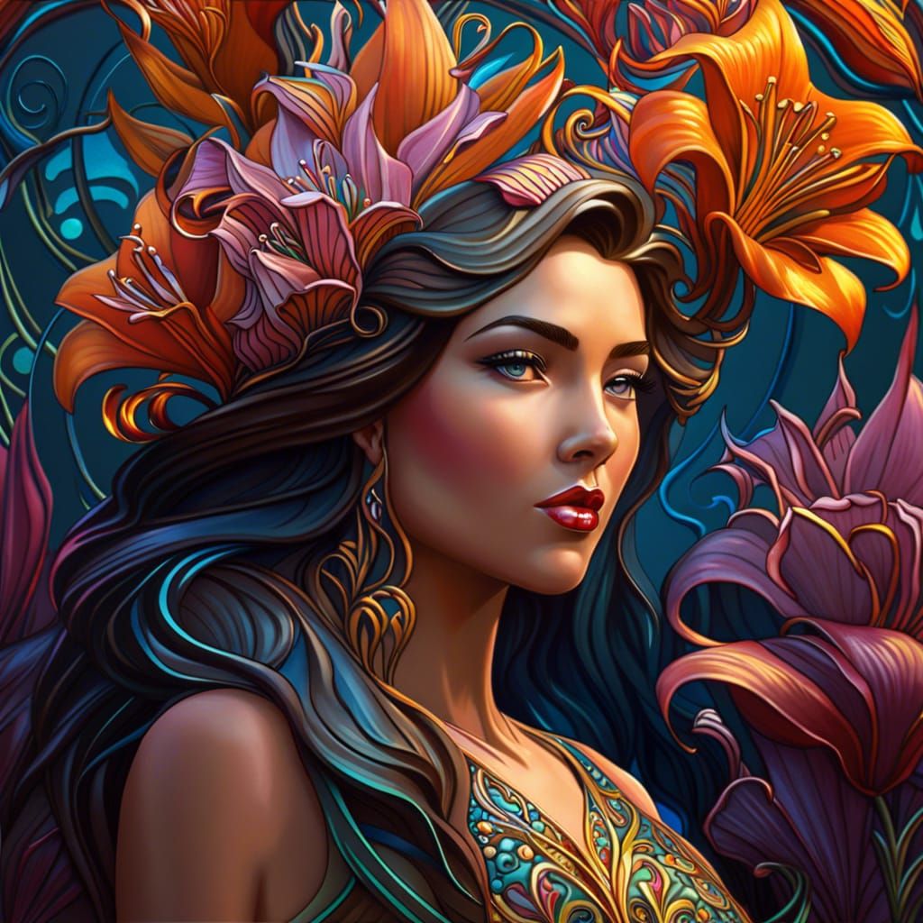 Beautiful woman, art nouveau, lilies, Hyperrealistic, 3d, sp...