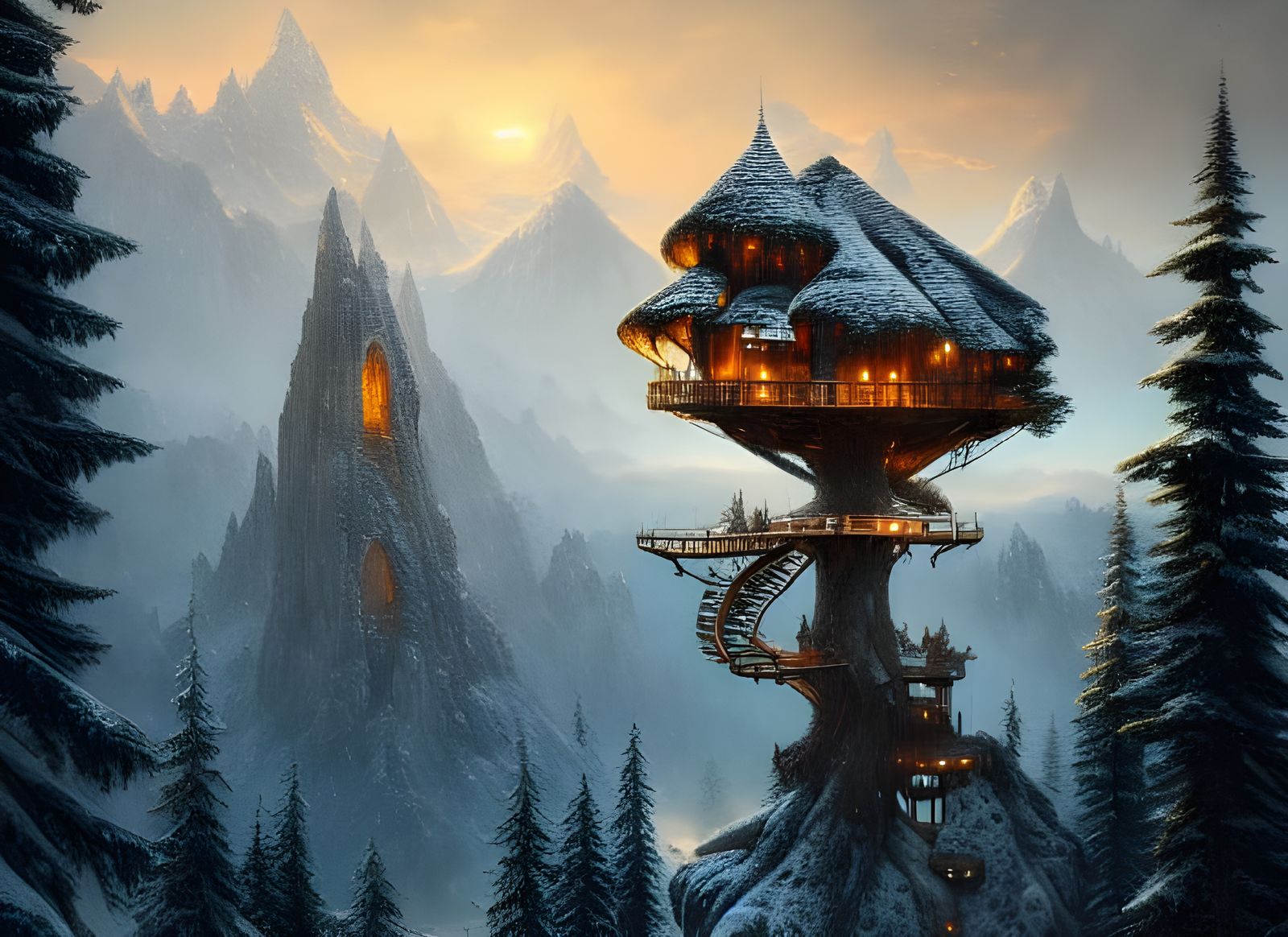 Magical Treehouse on Snowy Mountains, Fantasy Art