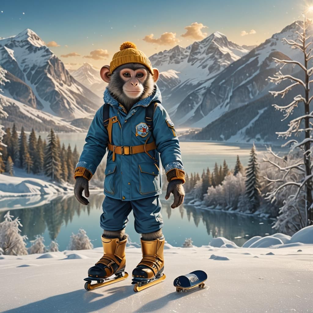 Monkey Ice-Skating in the Alps: Detailed Matte Painting