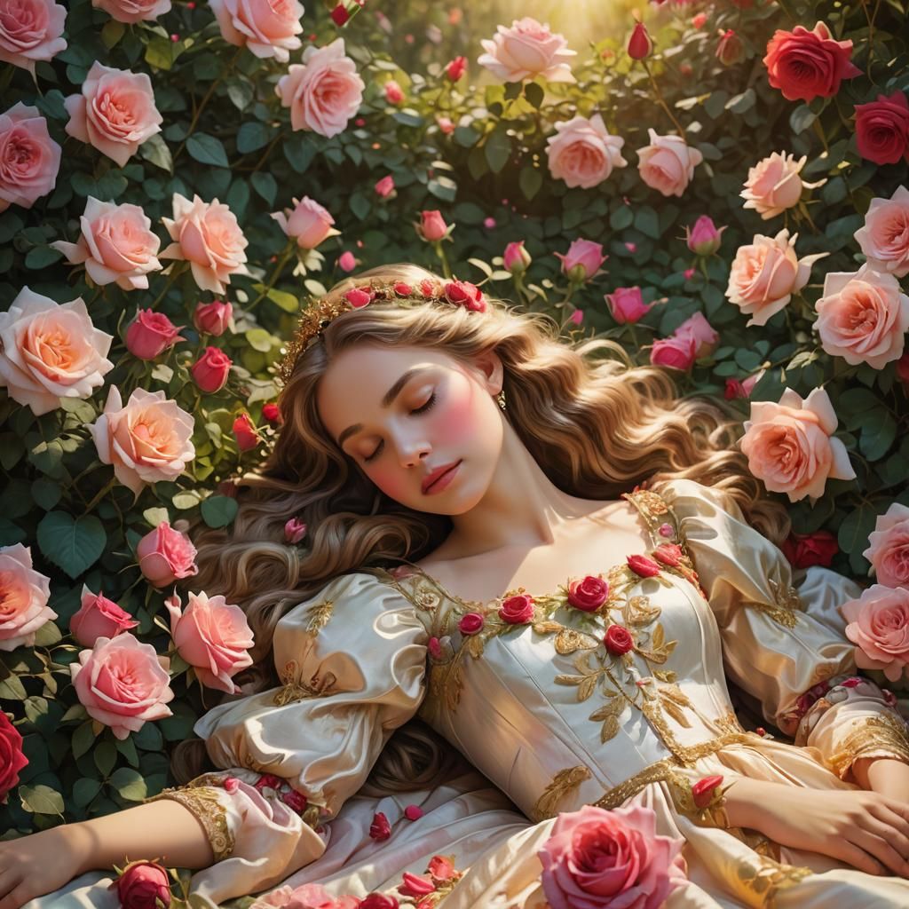 The sleeping beauty surrounded by red and pink roses,  Reali...