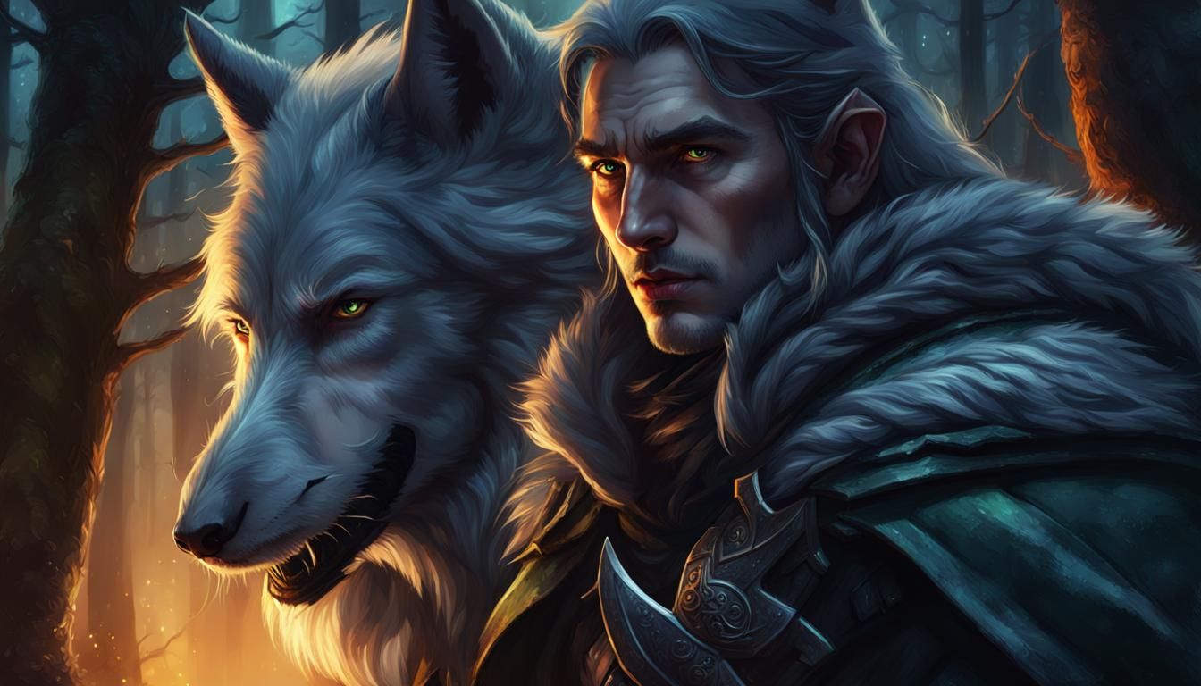 a strong elven ranger and his wolf, extreme closeup, nighttime, forest ...