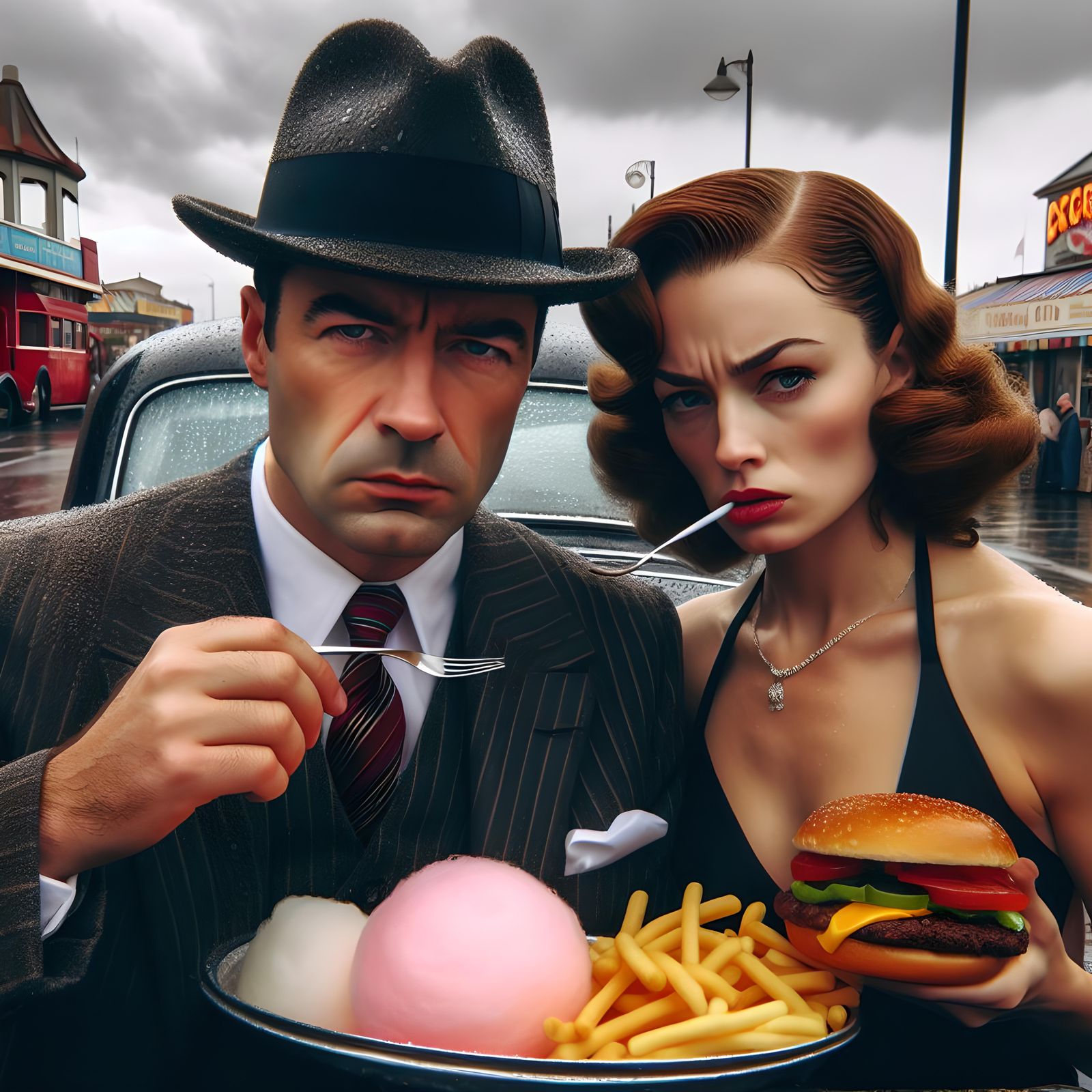Closeup Windswept Wet and Raining Blackpool Film Noir Private Detective Sam Rock eating his favourite Candyfloss and Bla...