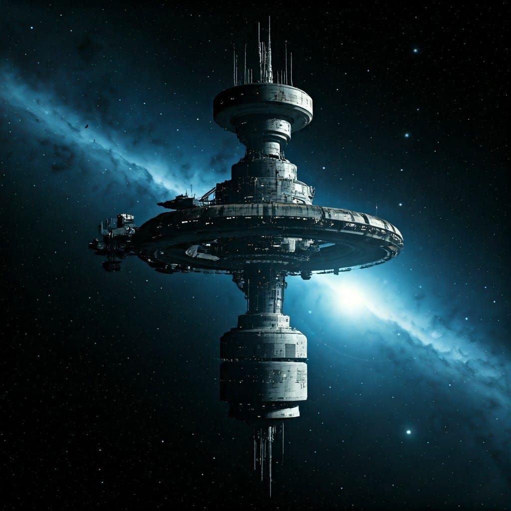 Rotating space station from a side view 