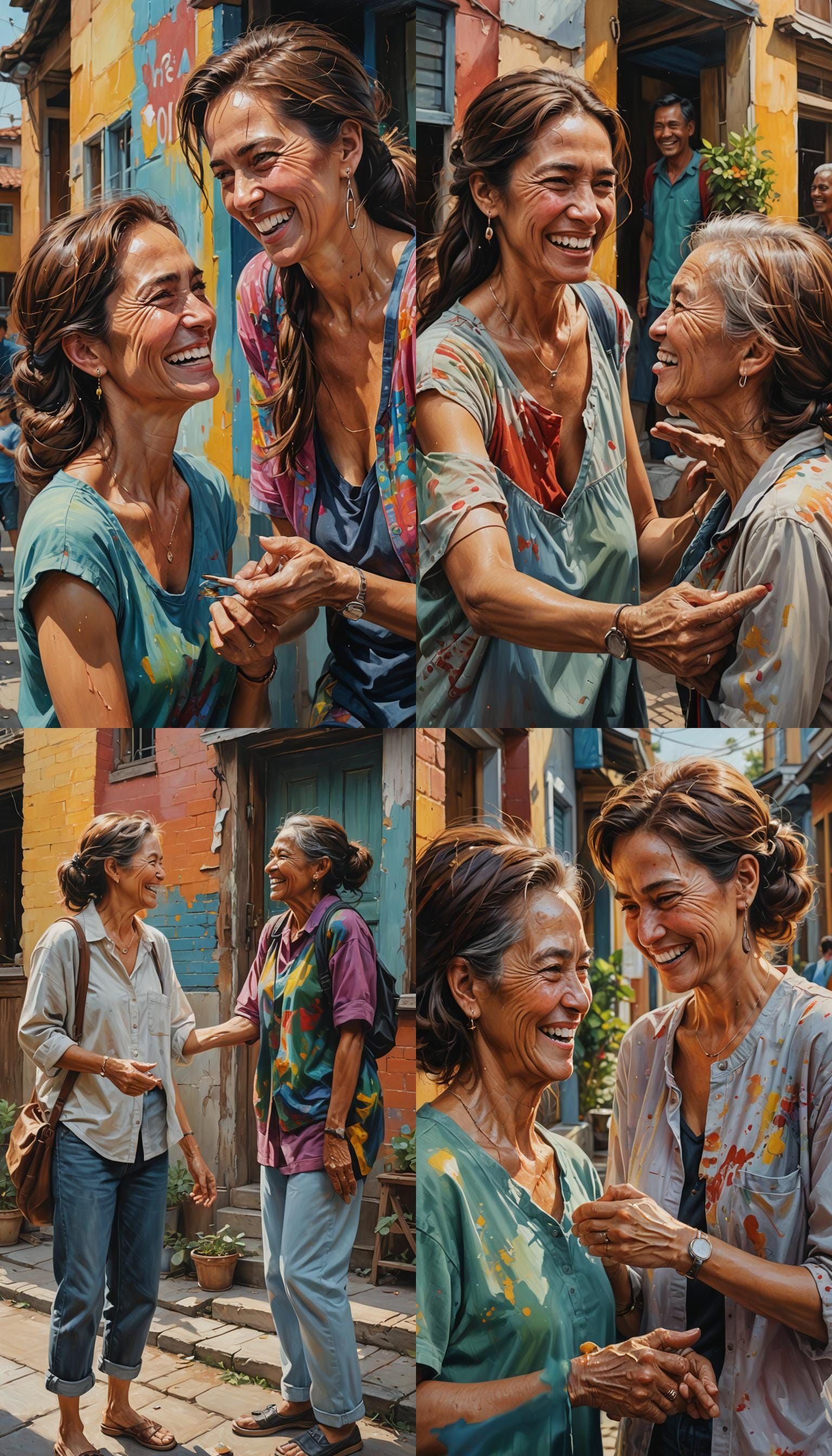 Realistic Oil Painting of. The woman and the neighbor exchan...