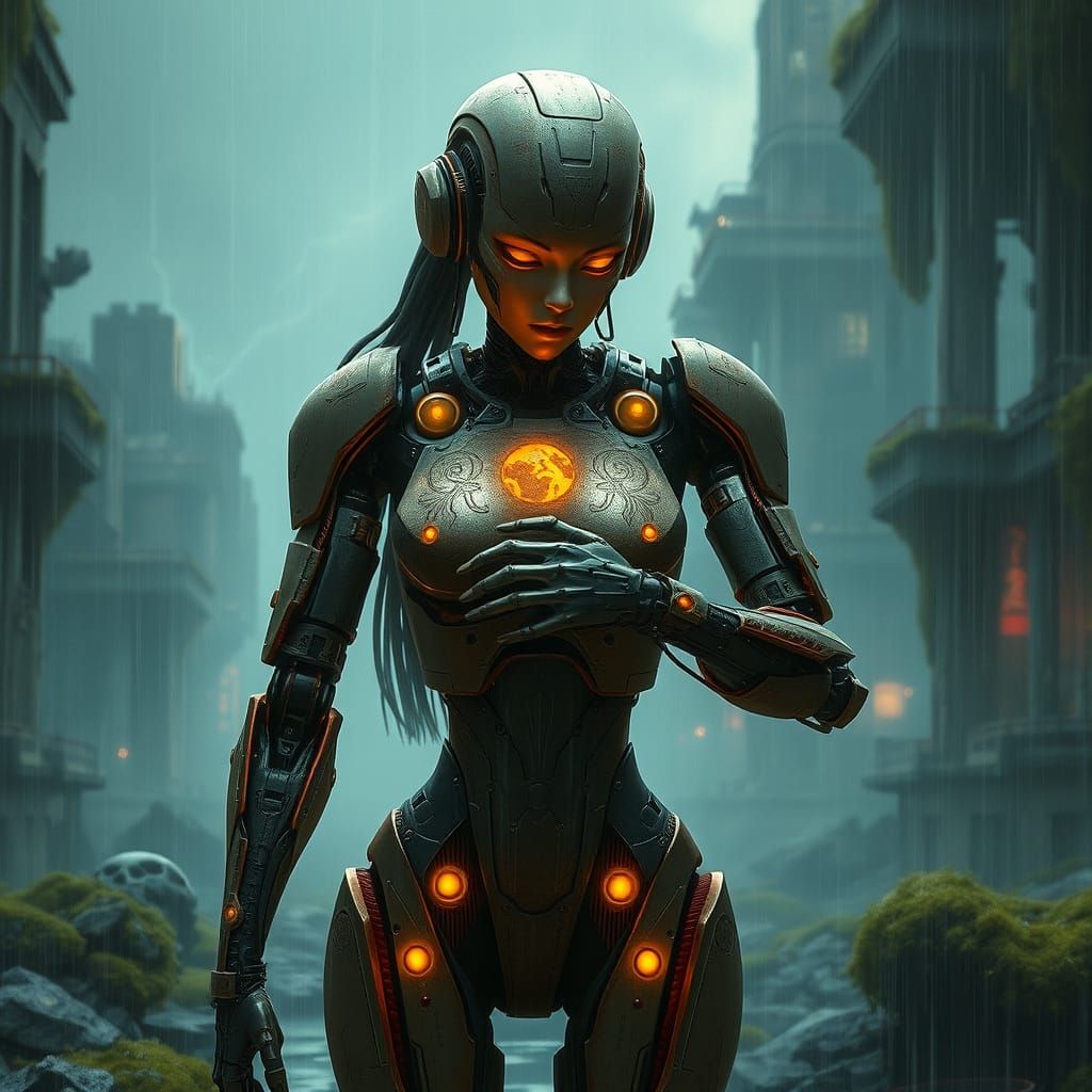 Android Protector in Rain-Soaked Cyberpunk Cityscape