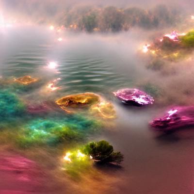 Luminous swirls of misty color reflecting off the surface of...