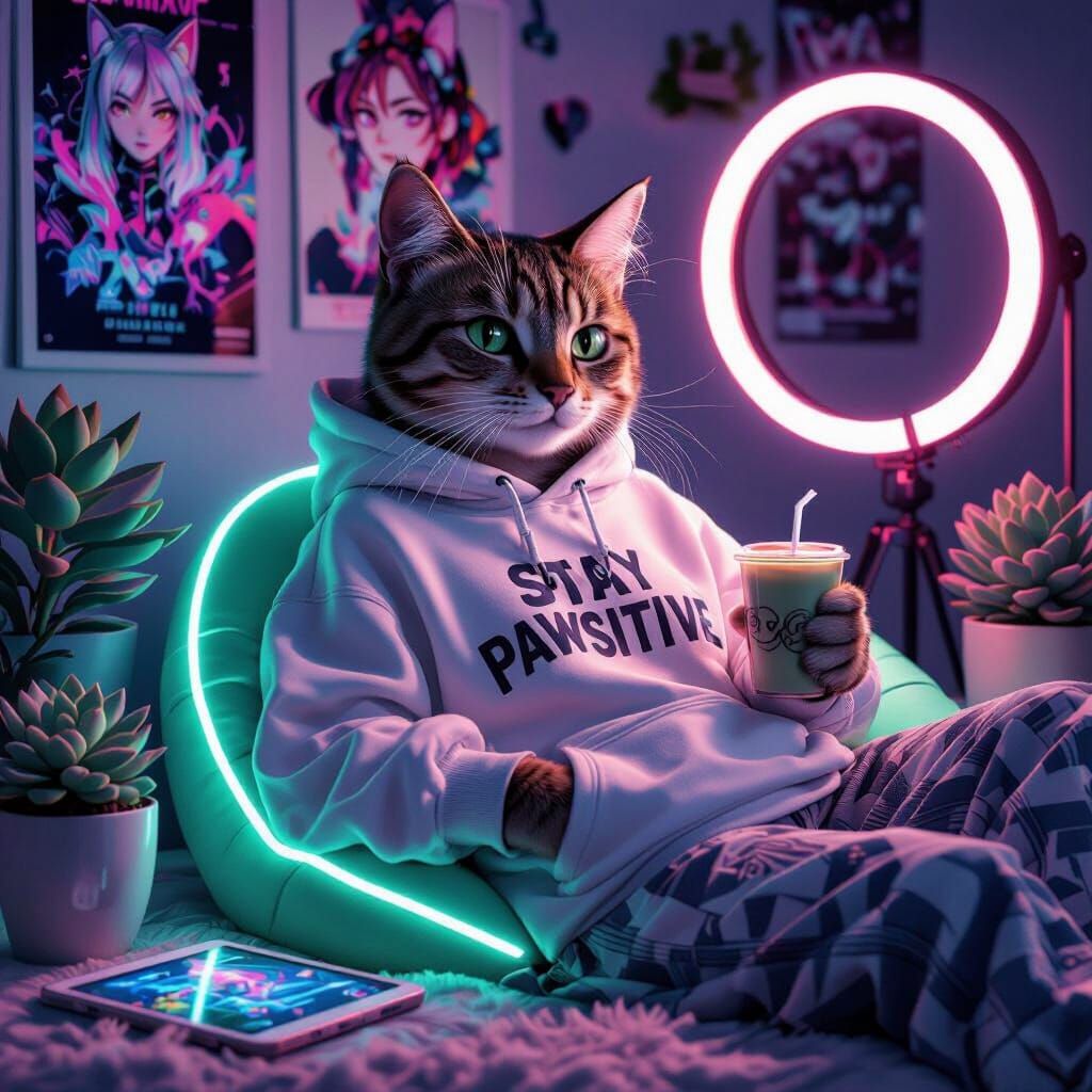 A stylish Gen Z tabby cat influencer lounging on a neon beanbag, oversized hoodie with “Stay Pawsitive” ...  by @Aine Boden