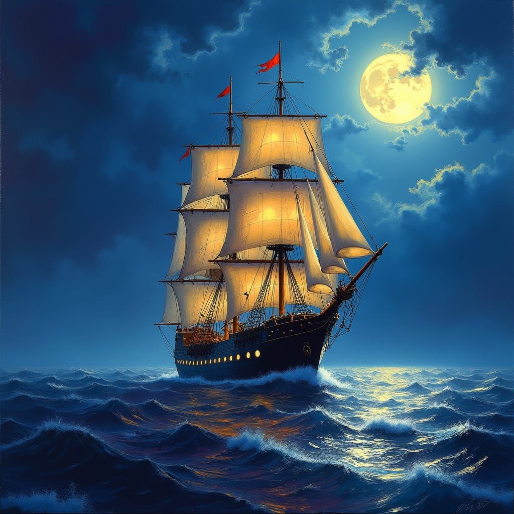 Majestic Sailing Ship at Night in Rembrandt Style