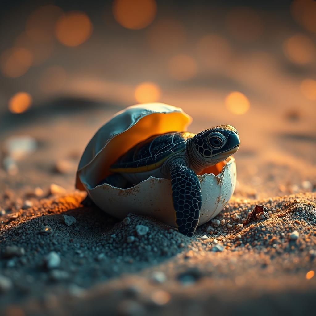 beutifull sea turle hatchling on the sand still in his egg AI