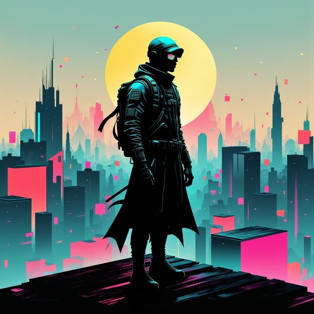 <lora:Glitchcore Flux:1.0> A ninja standing on a roof