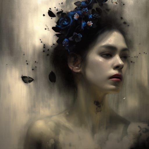 "portrait of_ghost woman with  with black flowers", insanely...