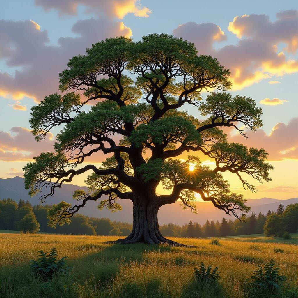 Majestic Tree in Sunlight, Hyperrealistic Digital Art