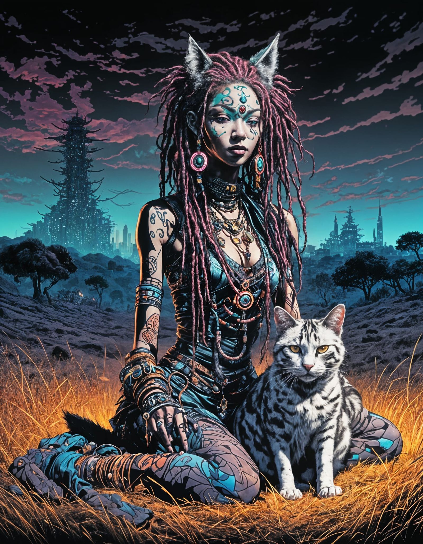 Cyberpunk Huntress with Feline Companion in Comix Style