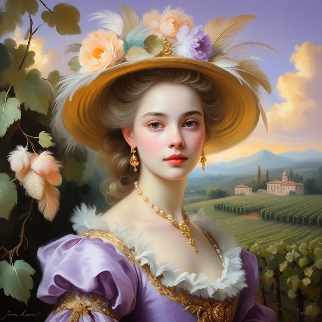 Elegant Young Woman in Lush Vineyard
