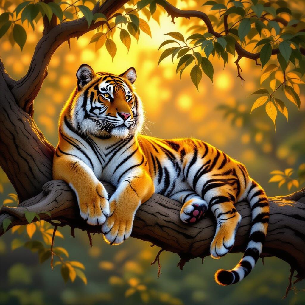 Majestic Tiger Rests on Tree Branch in Regal Pose