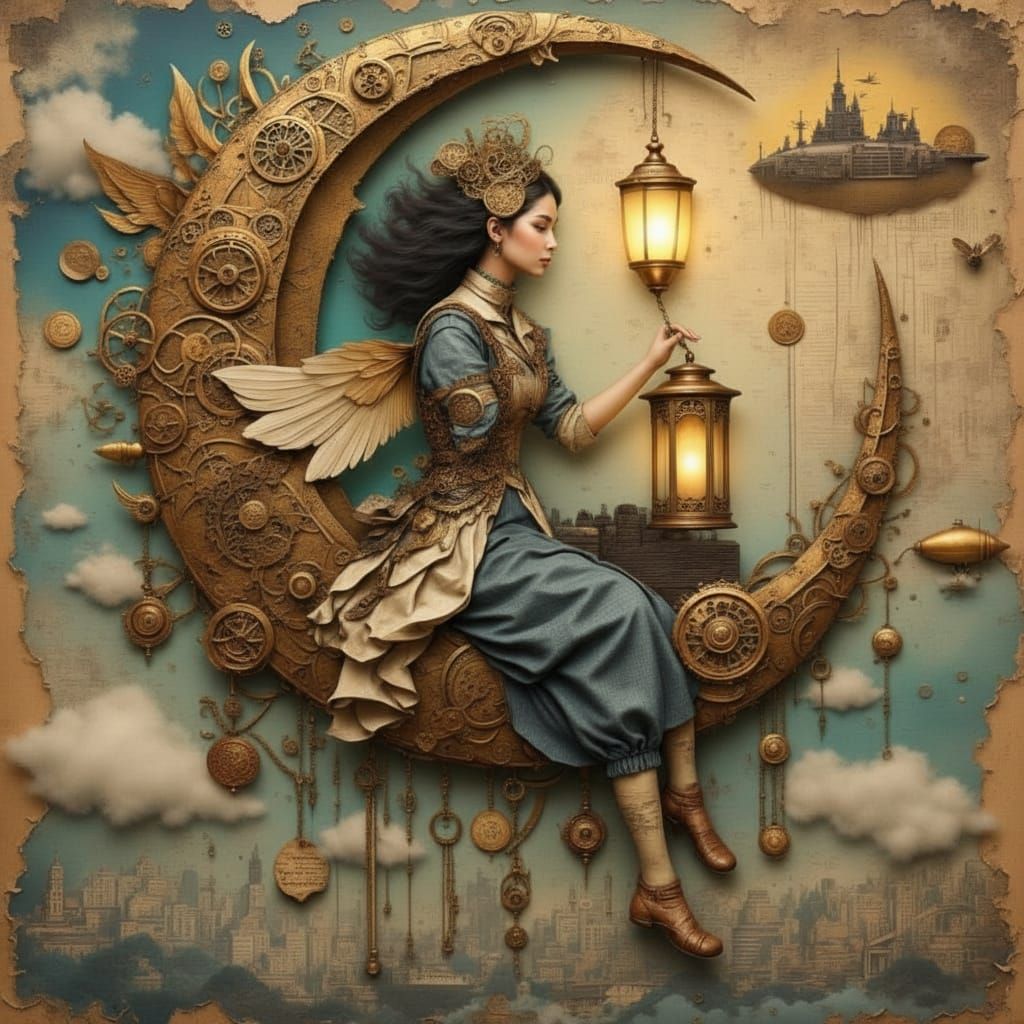 (Steampunk celestial goddess:1.3), (mixed media collage:1.5), (found objects, vintage paper textures, torn edges:1.2), (asian woman on cresc...