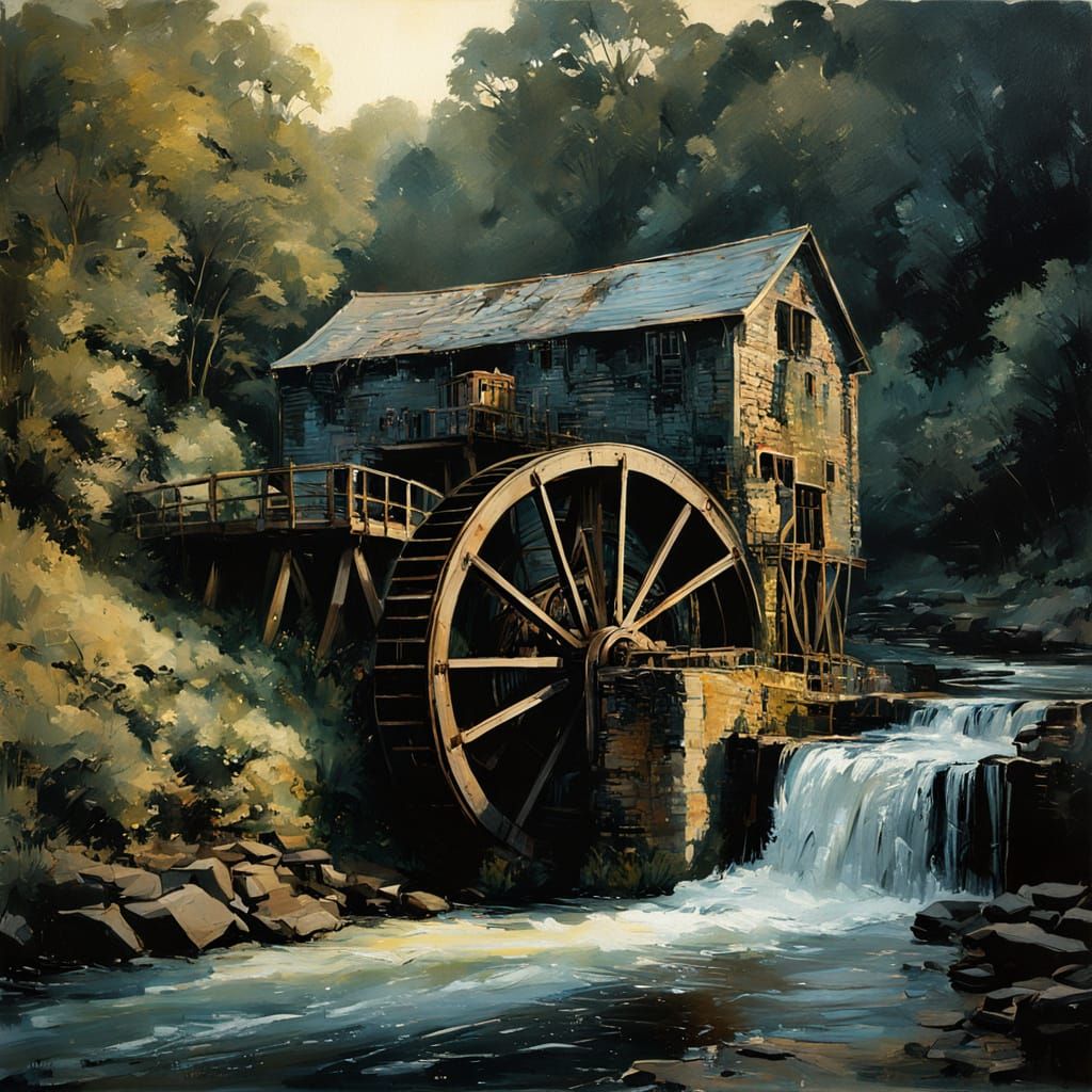 Water wheel at a grinding mill by a river, film noir style, dramatic volumetric lighting, by Jeremy Mann, ...  by @MrKitWalker