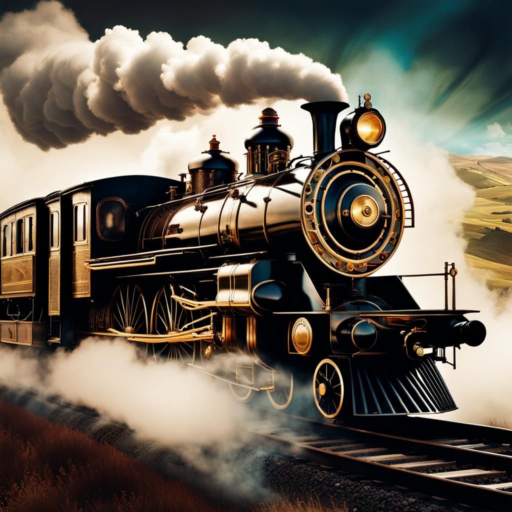 Steampunk Train and Aircraft Double Exposure Portrait