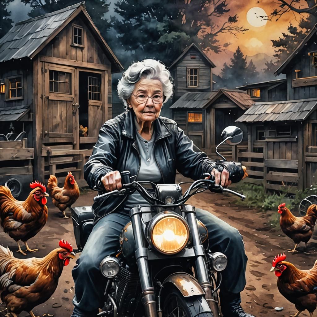 meine Oma fährt im Hühnerstall Motorrad