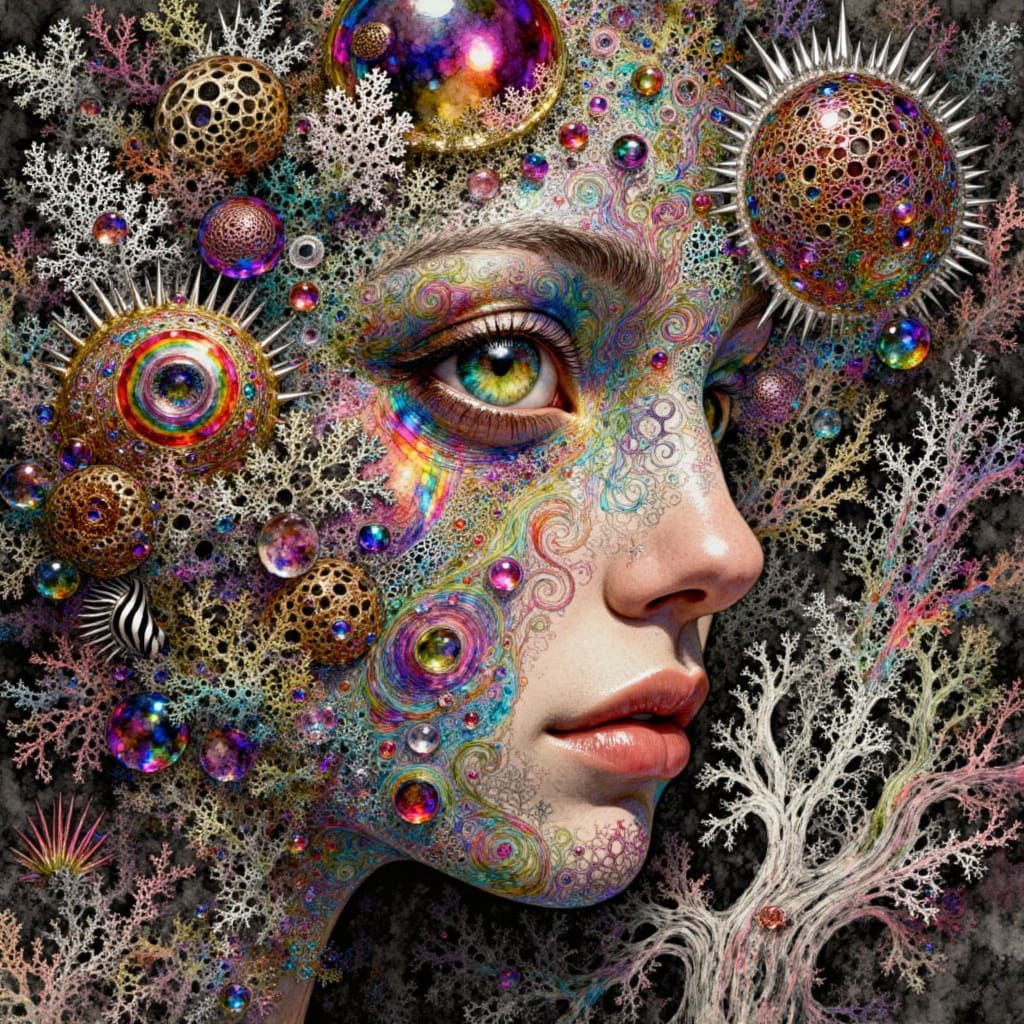 <lora:Orb Music:1.0> EXQUISITELY beautiful face love light bliss ligamorphous tendrils webs nets strings crackle black and cream fading By S...