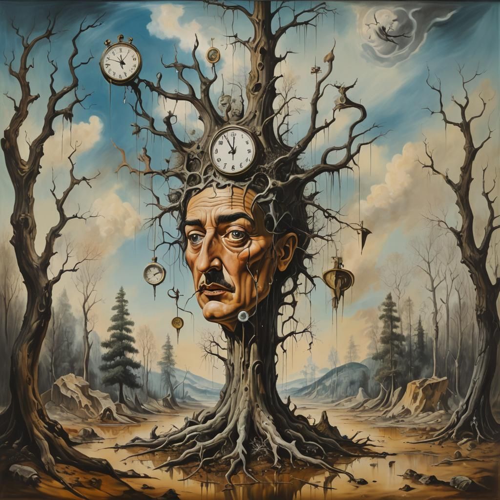 A forest with melting trees. A big head of Salvador Dali.  A...