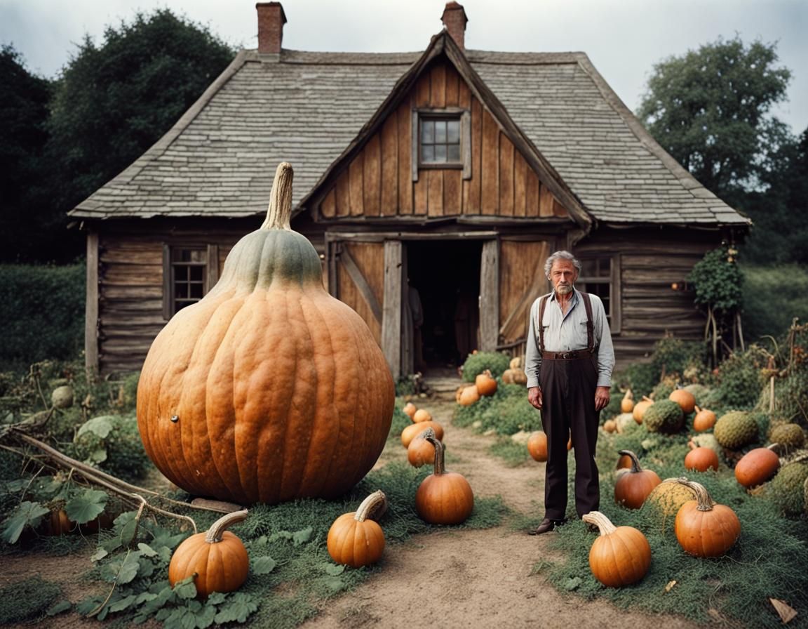 The word largest gourd ever, same size of the peasant house, Guiness-book photo-style, English country side context, peasant in front ground...
