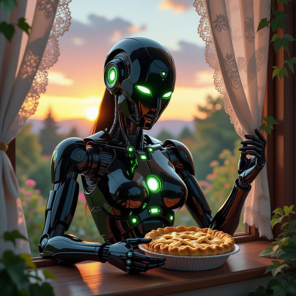 hyper-realistic depiction of a female humanoid robot with a sleek obsidian exoskeleton and luminous green eyes, placing a freshly baked, ste...