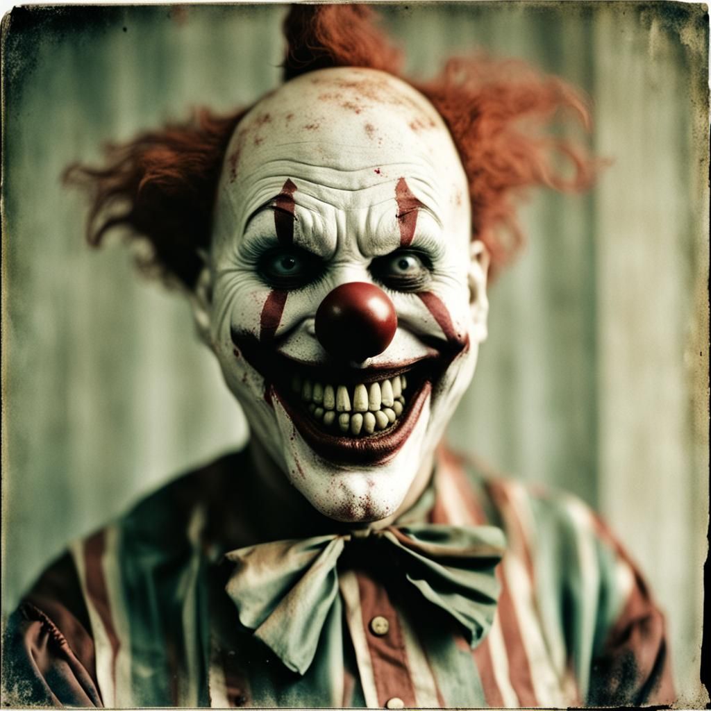 Creepy Evil Clown with Sunken Eyes, Faded Photo