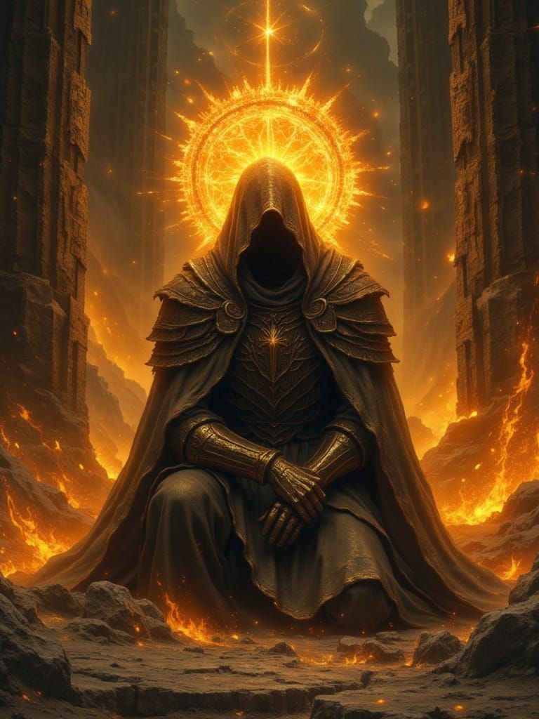 A divine knight draped in ash-stained robes kneels within a cathedral of firelight, molten gold running across cracked armor as ember sparks...