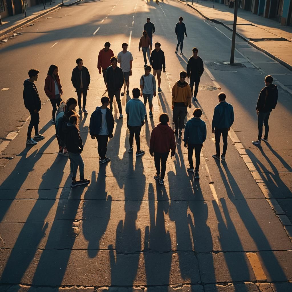Um grupo de jovens saindo da balada ao amanhecer, rindo e co...