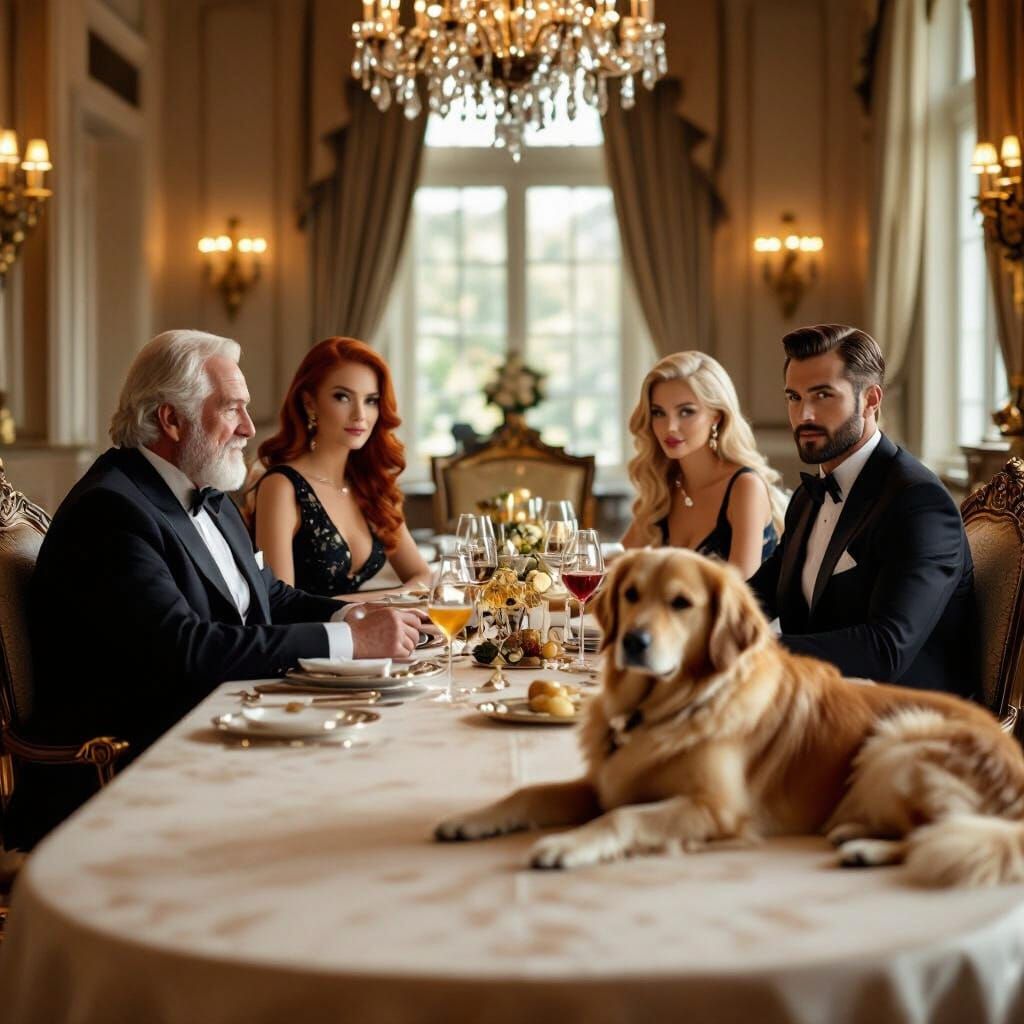 A beautiful dining room, with a older man at one side of the table, a beautiful stylish older woman at the other. In between are a beautiful...