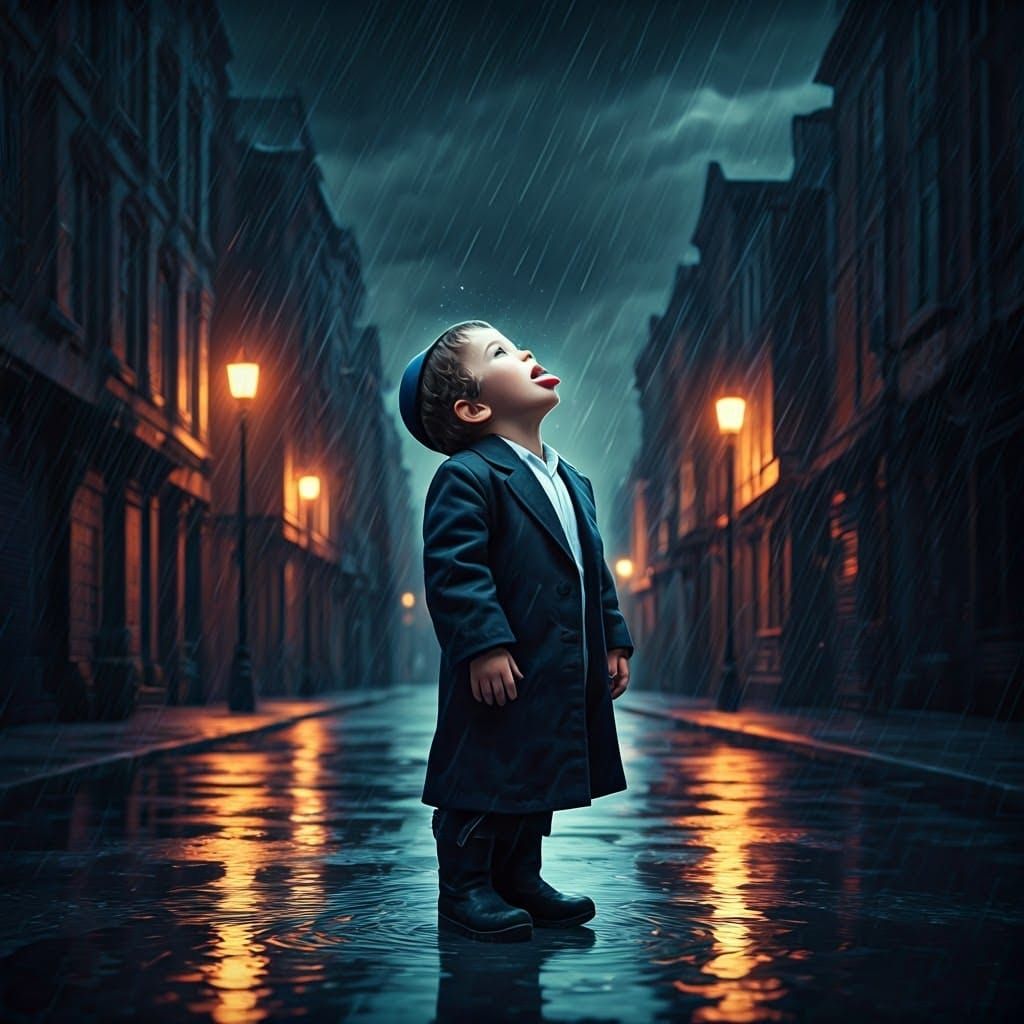 Chasidic Boy Catches Raindrops in the Rainy Street