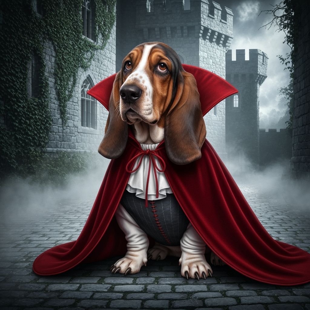 A highly detailed, lifelike portrayal of a basset hound dressed as a vampire, with a velvet red cape ...  by @Catportal