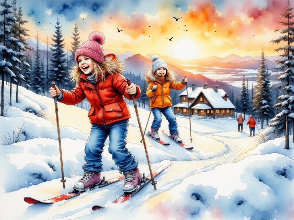 Joyful Children Skiing in Vibrant Winter Landscape
