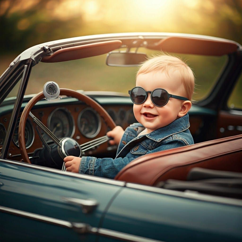 Cherubic Baby Cruises in Vintage Convertible