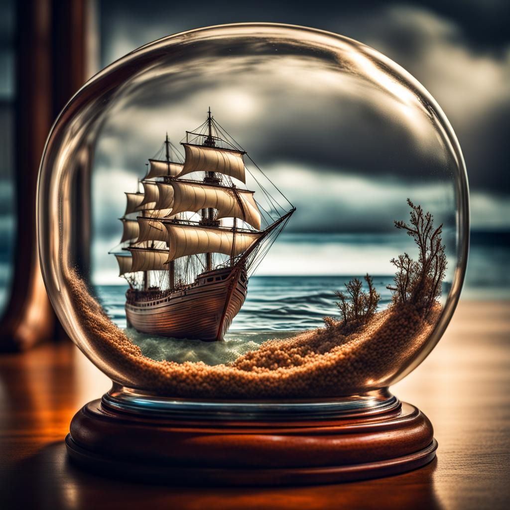 a ship in a bottle with a tiny ocean