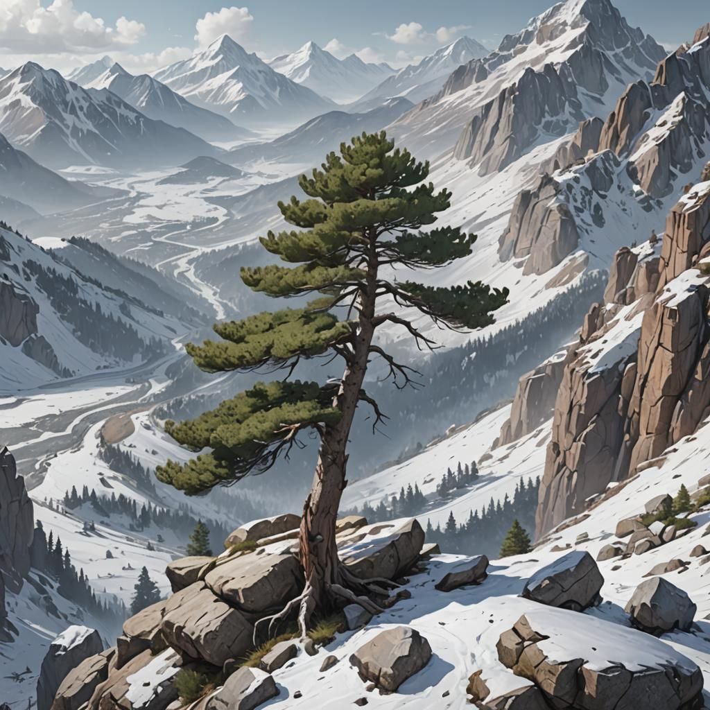 High mountain landscape, A single stunted pine tree stands o...