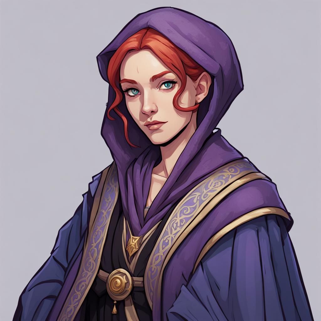 a scholarly woman dressed in scholarly robes that are purple, blue, and ...