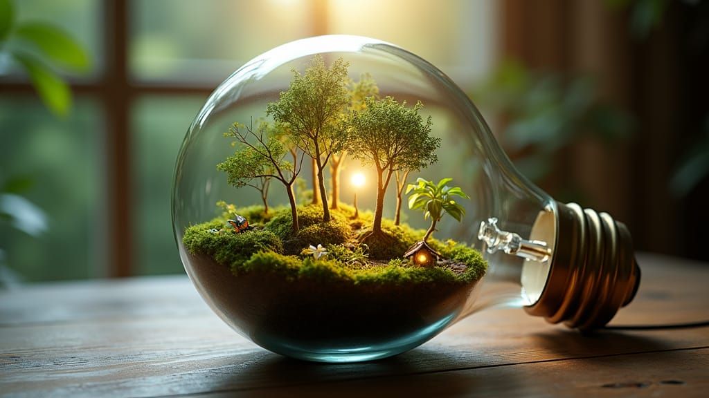 Miniature Forest Biosphere Inside Glass Lamp Bulb